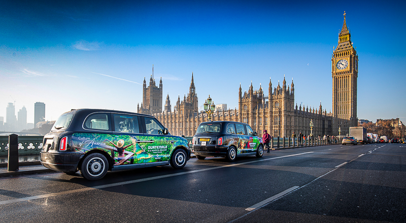 Taxi advertising London Guatemala Cabvertising
